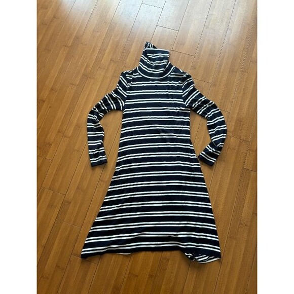 Anthro Maeve Nautical Turtleneck Blue White Stripe Trapeze Dress Stretch XSP - Picture 2 of 5